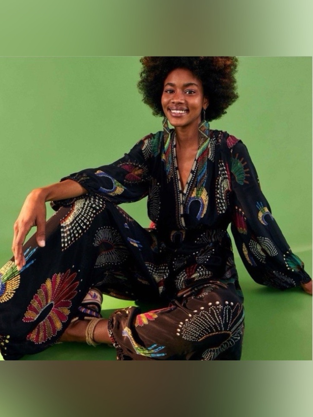 FARM Rio Wonderful Headdress Long Sleeve Jumpsuit size L bohemian hippie indie